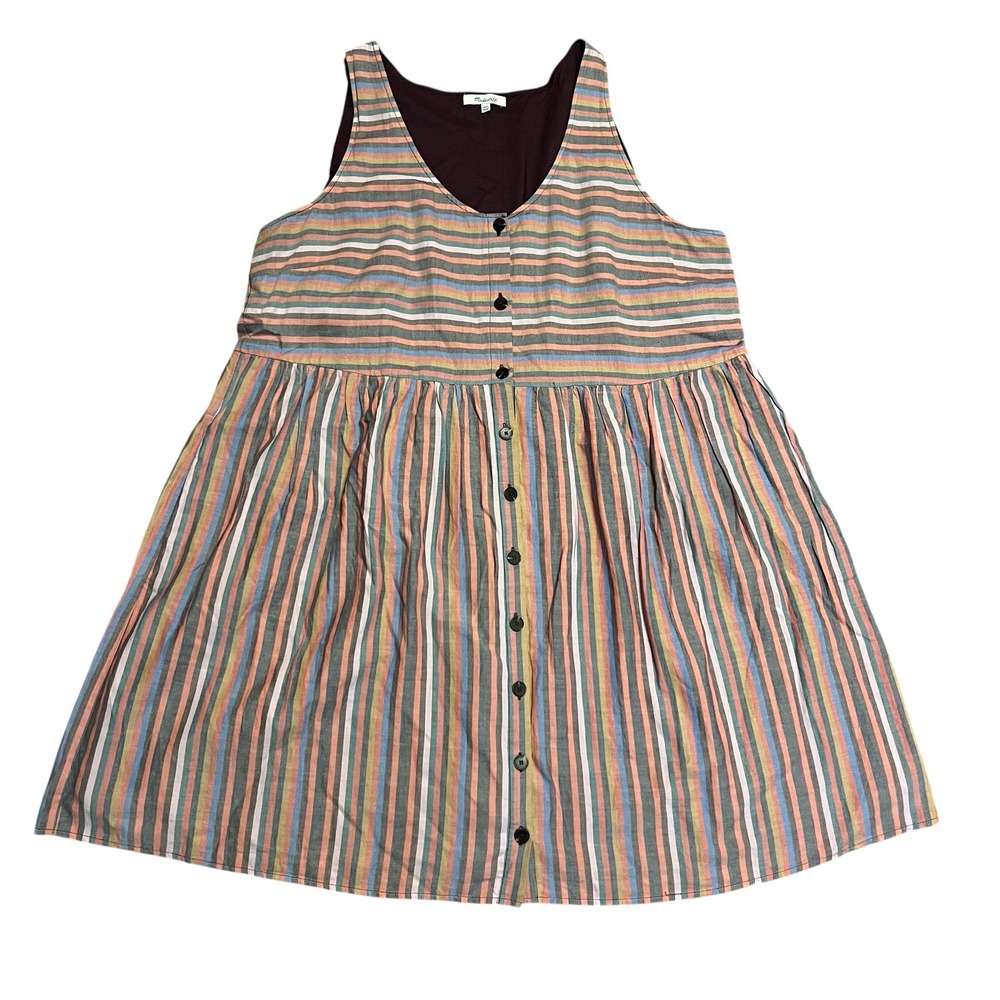 Madewell XXL Scoopneck Tank Dress in Rainbow Stripe Button-Front Babydoll Cotton - Picture 3 of 7